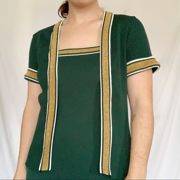 Vintage Dresses & Skirts - Vintage 70s Green & Gold Sparkle Maxi Dress Set L